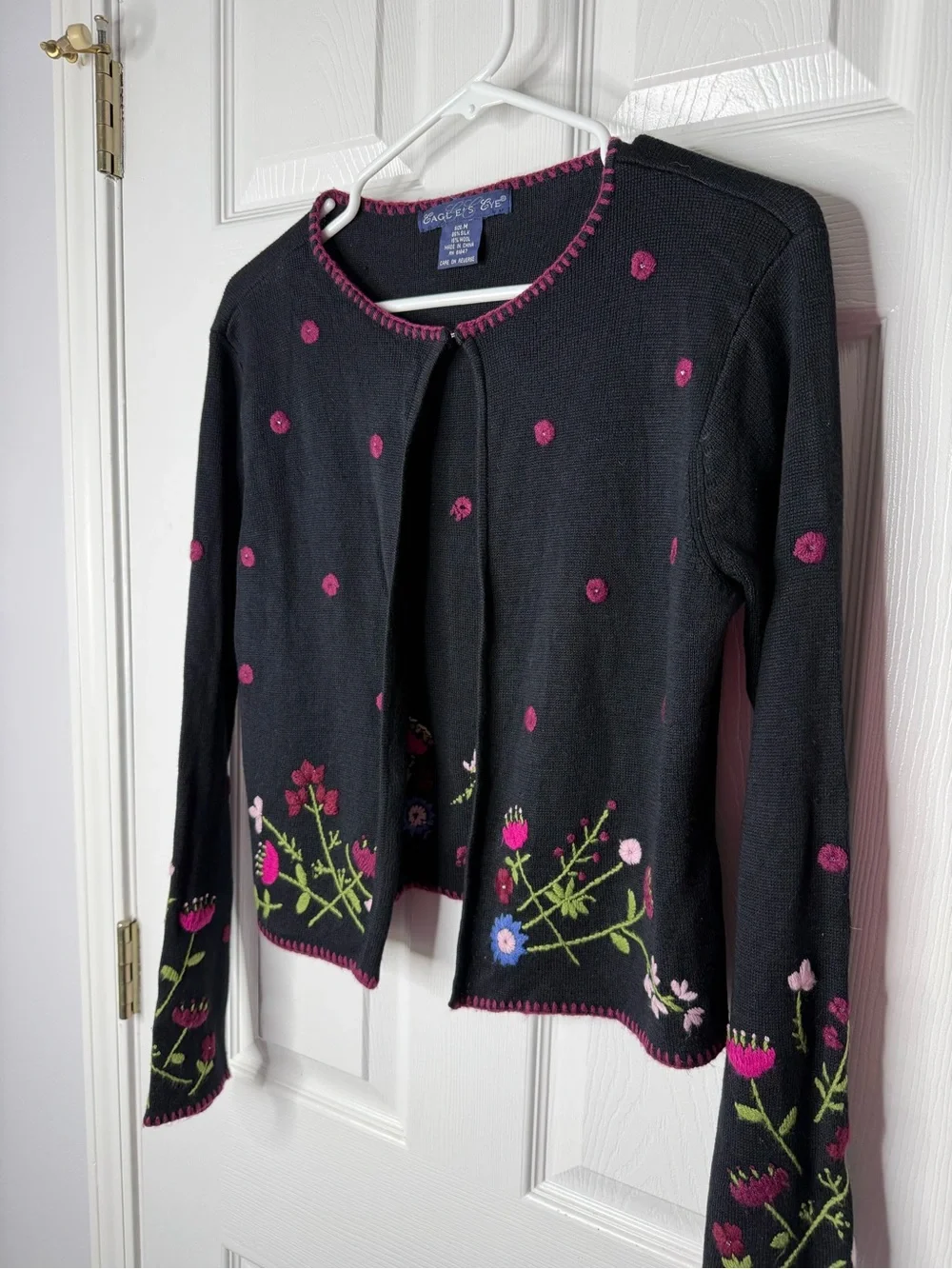 EAGLE’S EYE Vintage Women’s Whimsigoth Black Silk Wool Floral Cardigan Sweater M